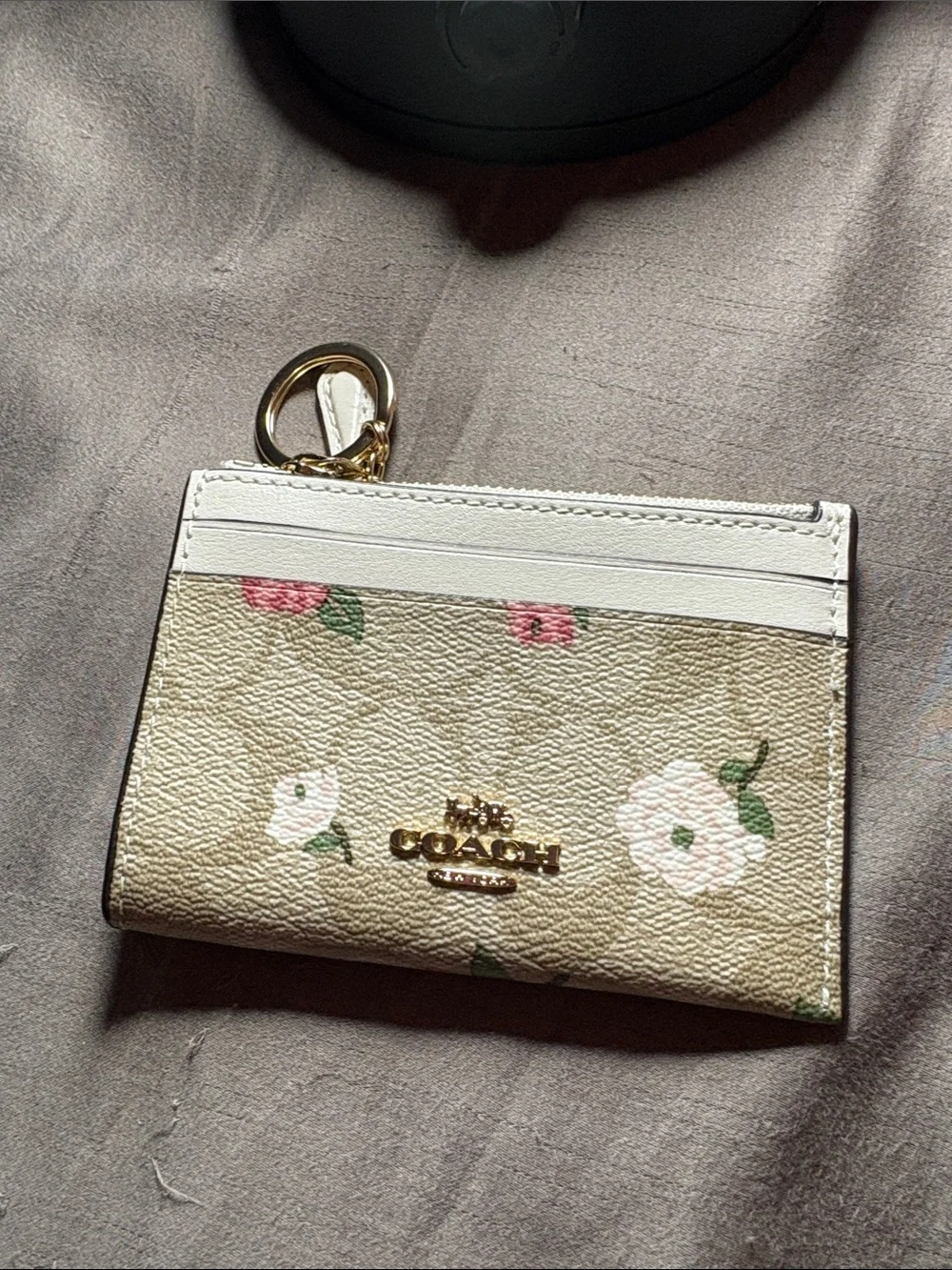 Coach Cream Floral Card Case with Gold Keyring
